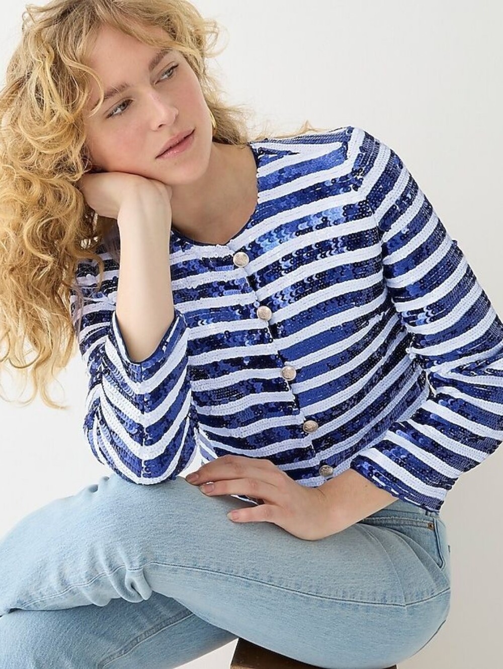 NWT J. Crew Collection Louisa Lady Jacket Sequin Blazer Striped Blue White Sz 8 - Picture 2 of 14